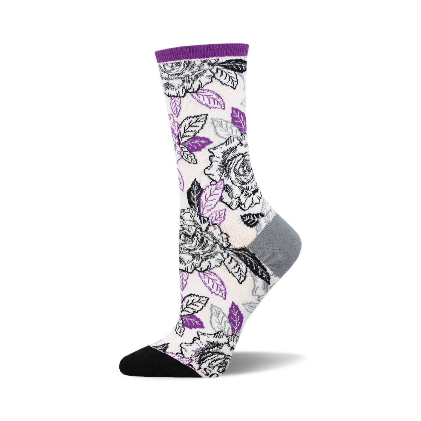 A side view of a women's crew sock with a white background and a pattern of black and purple roses and leaves. The sock has a grey heel and a black toe.