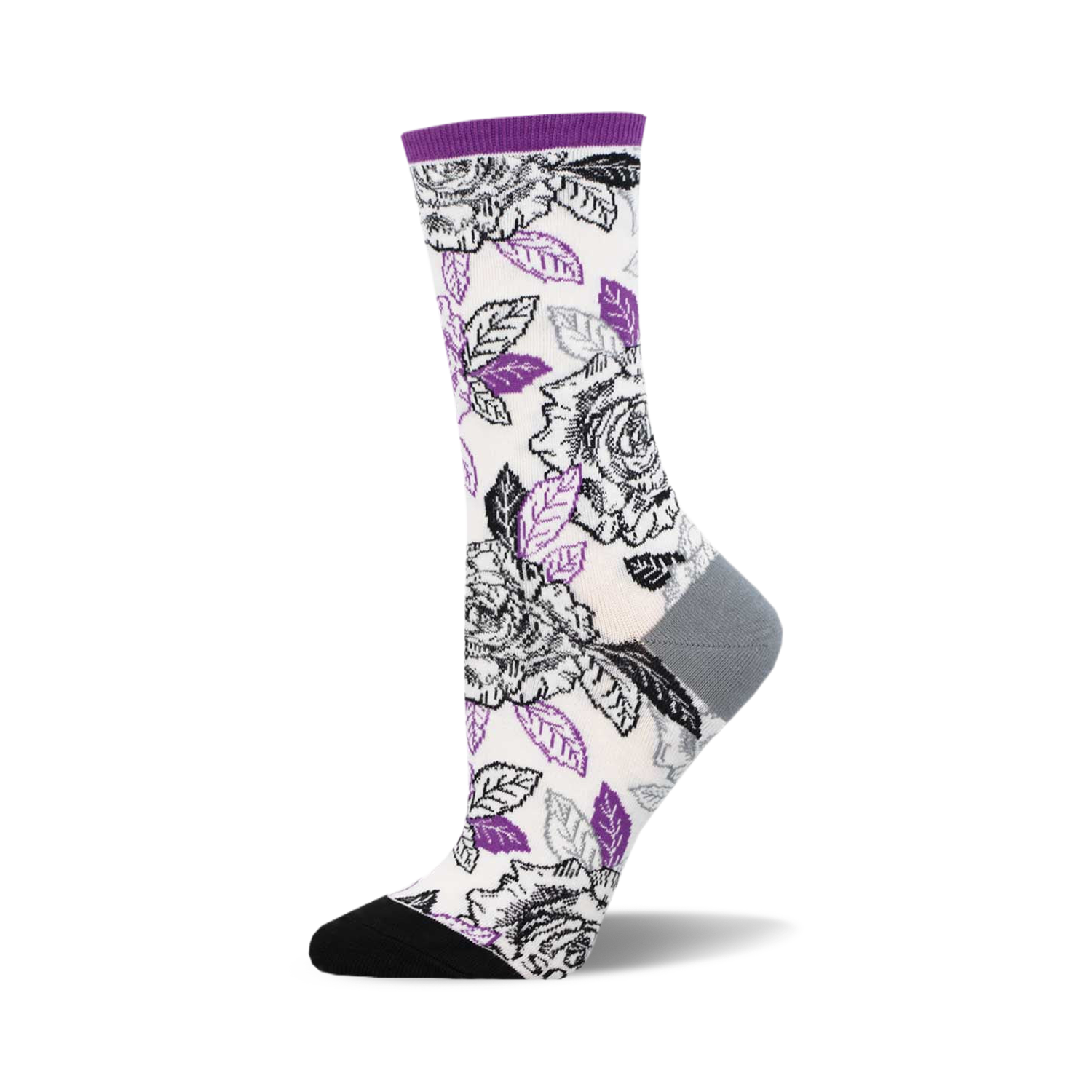 A side view of a women's crew sock with a white background and a pattern of black and purple roses and leaves. The sock has a grey heel and a black toe.