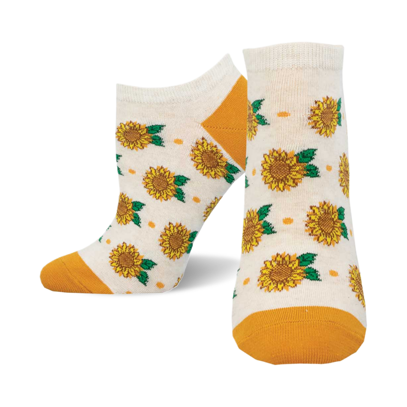 Cream ankle socks with yellow sunflowers, green leaves, and small orange dots.  Yellow accents at the heel and toe.