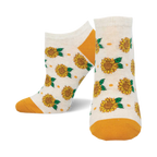 Cream ankle socks with yellow sunflowers, green leaves, and small orange dots.  Yellow accents at the heel and toe.