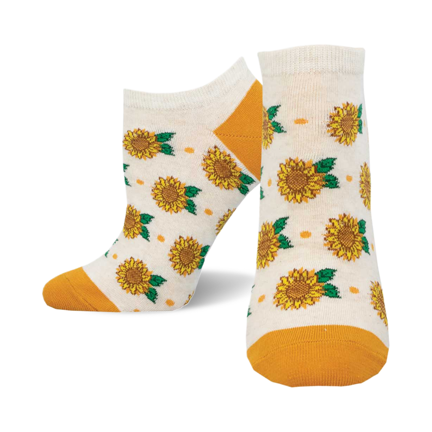 Cream ankle socks with yellow sunflowers, green leaves, and small orange dots.  Yellow accents at the heel and toe.