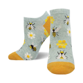 A pair of light blue ankle socks with a fun bee design.  Yellow bees, daisies, and honeycombs are featured on the socks, which have a mustard yellow cuff.