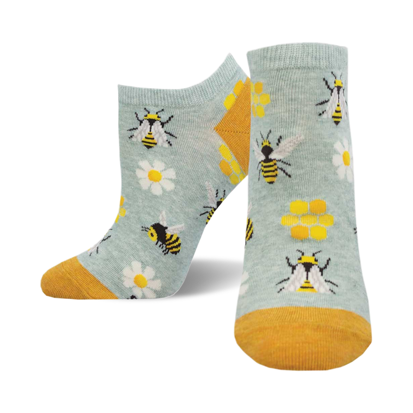 A pair of light blue ankle socks with a fun bee design.  Yellow bees, daisies, and honeycombs are featured on the socks, which have a mustard yellow cuff.