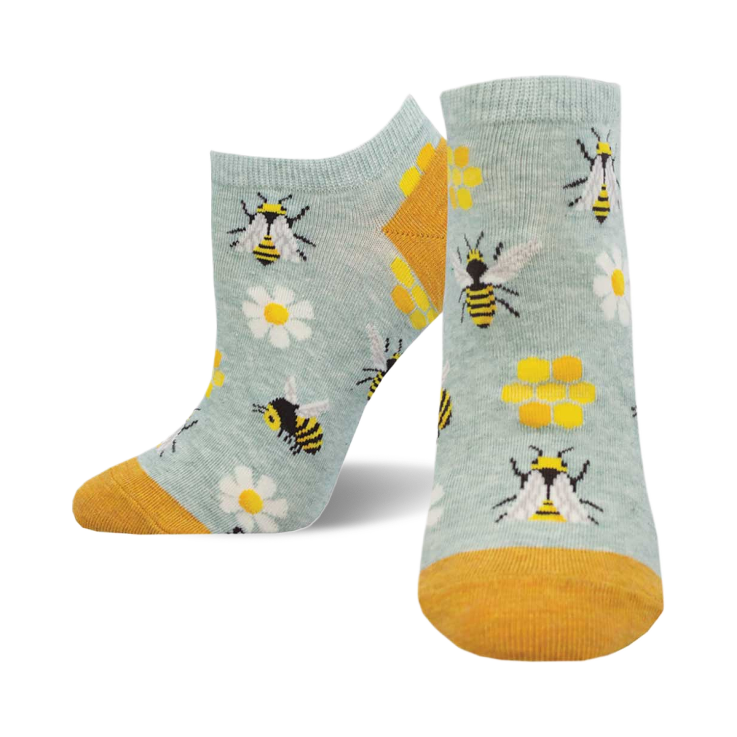 A pair of light blue ankle socks with a fun bee design.  Yellow bees, daisies, and honeycombs are featured on the socks, which have a mustard yellow cuff.