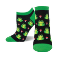 A pair of black ankle socks with a whimsical pattern of green frogs and red mushrooms. The socks have bright green cuffs.