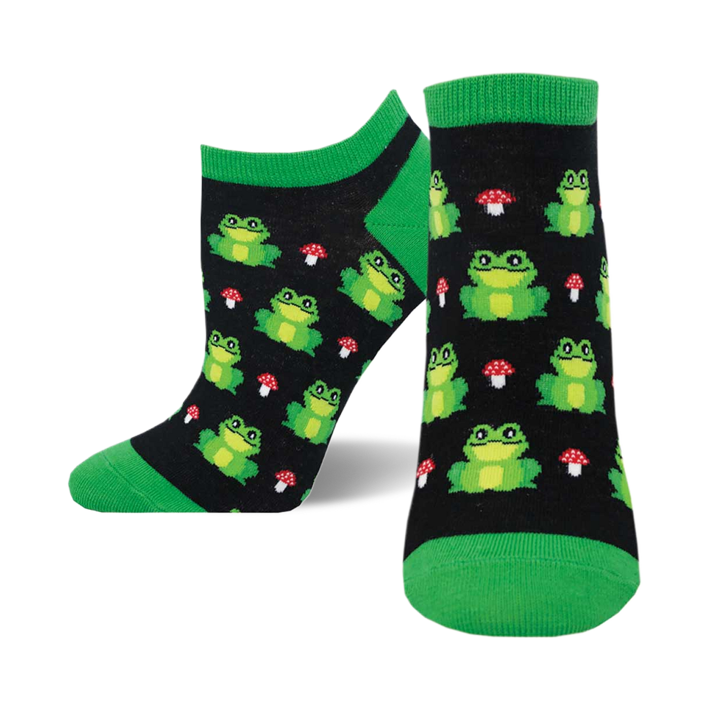 A pair of black ankle socks with a whimsical pattern of green frogs and red mushrooms. The socks have bright green cuffs.