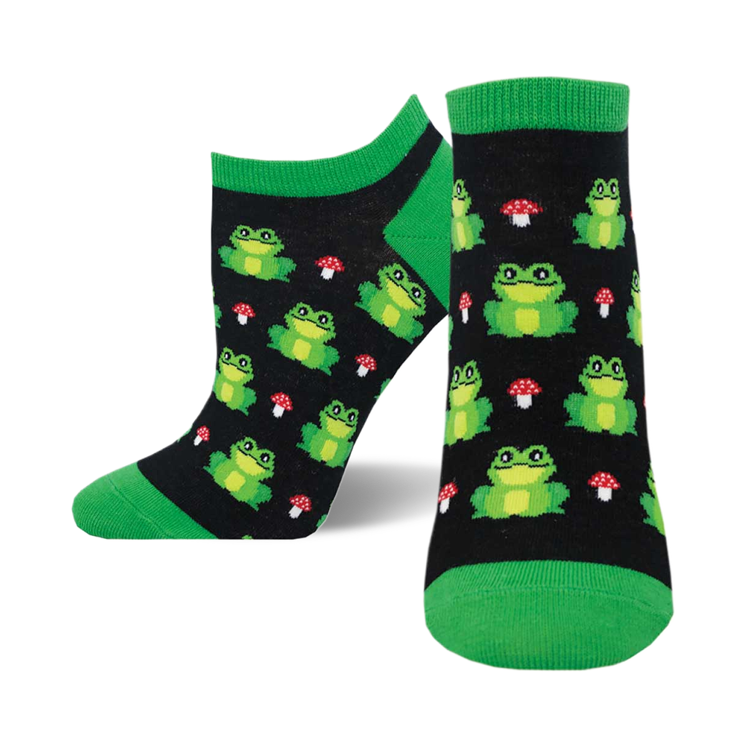 A pair of black ankle socks with a whimsical pattern of green frogs and red mushrooms. The socks have bright green cuffs.