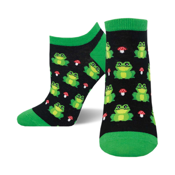 socks that are black with a pattern of green frogs and red toadstools.