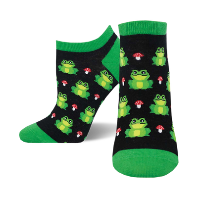 socks that are black with a pattern of green frogs and red toadstools.