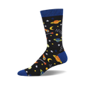 Crew socks with a black background, blue cuffs, and colorful planets, stars, and shooting stars. Made from bamboo.
