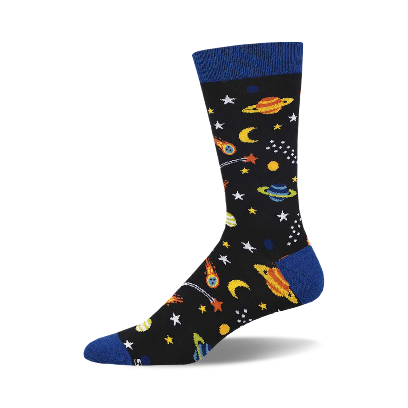 Crew socks with a black background, blue cuffs, and colorful planets, stars, and shooting stars. Made from bamboo.