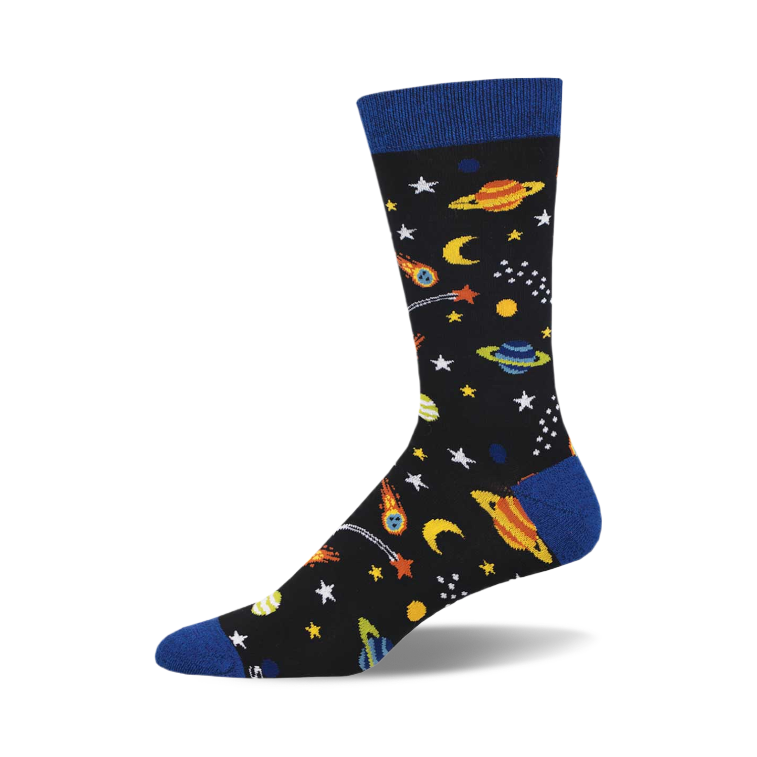 Crew socks with a black background, blue cuffs, and colorful planets, stars, and shooting stars. Made from bamboo.