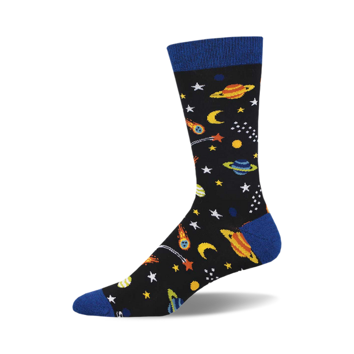 the reach for the stars bamboo socks are black with a pattern of planets, moons, comets, and stars. }}
