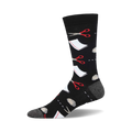 Black crew socks with a playful design of red scissors, white paper, and grey rocks.  Bamboo material.