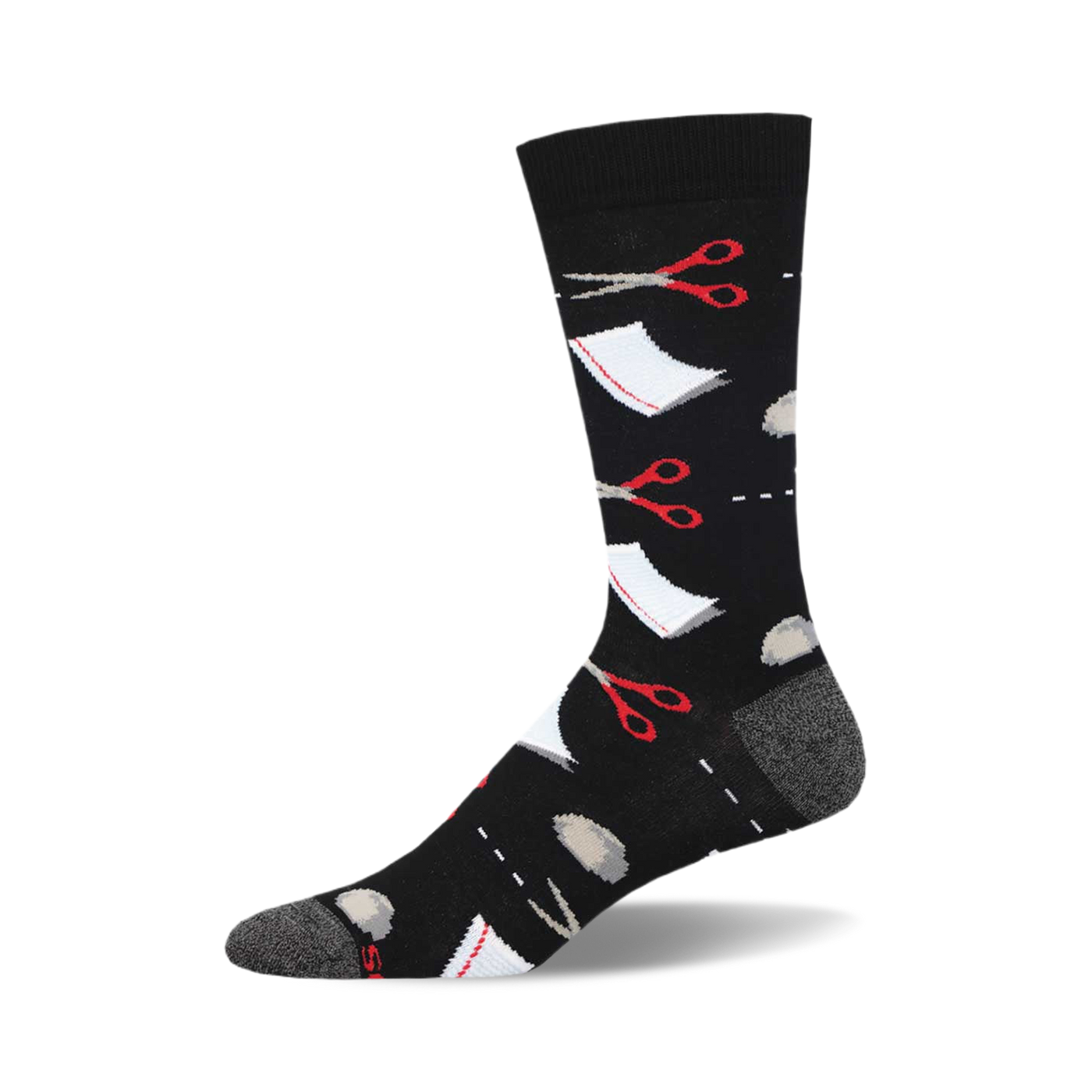 Black crew socks with a playful design of red scissors, white paper, and grey rocks.  Bamboo material.