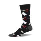 Black crew socks with a playful design of red scissors, white paper, and grey rocks.  Bamboo material.