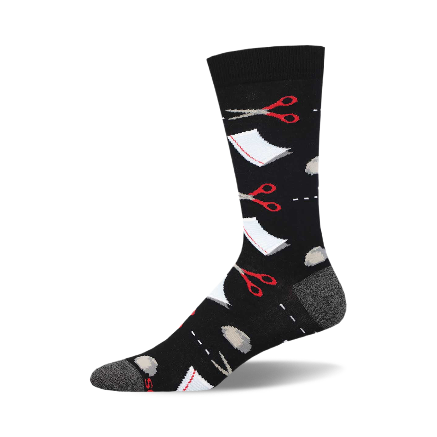 Black crew socks with a playful design of red scissors, white paper, and grey rocks.  Bamboo material.