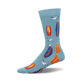 Crew socks in light blue featuring colorful surfboards and seagulls.  Perfect for surfers and summer lovers!