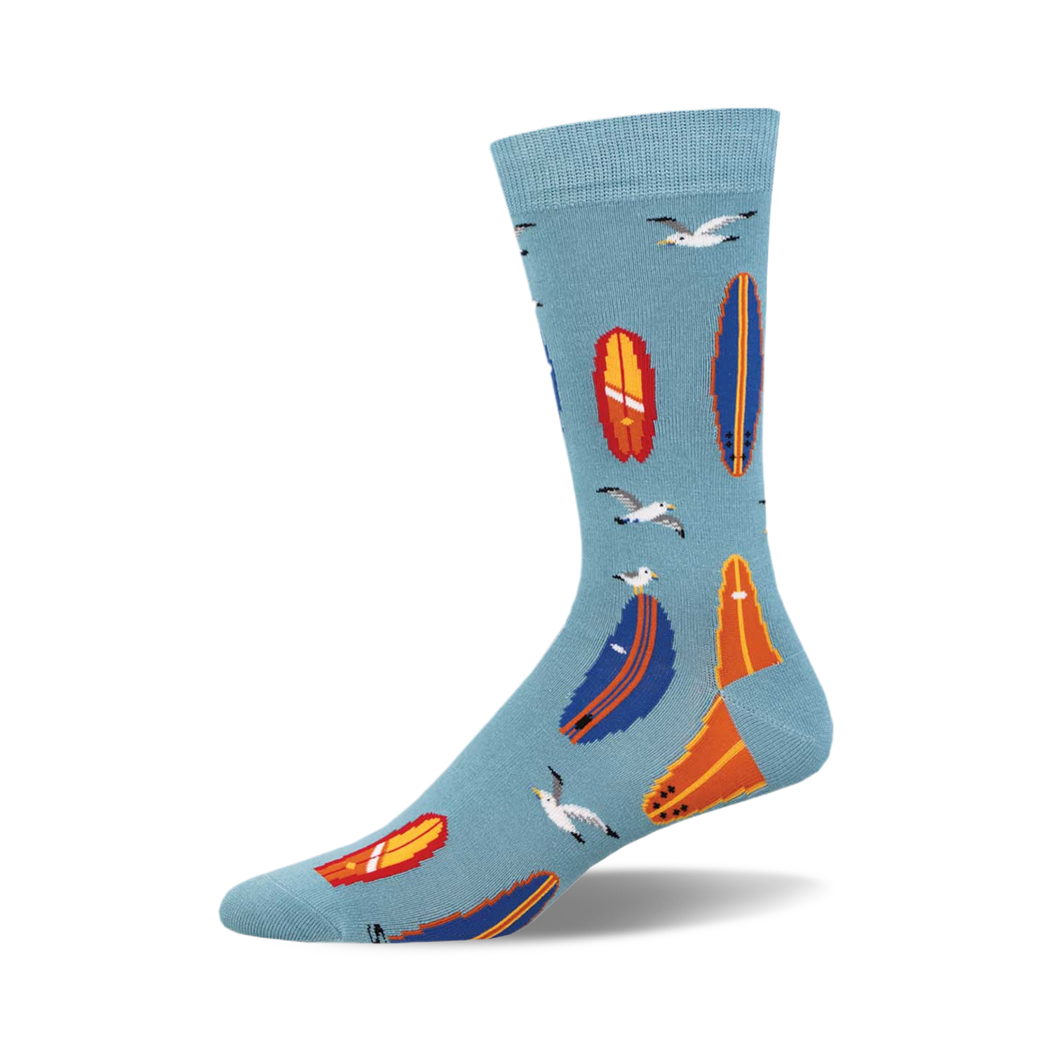 Crew socks in light blue featuring colorful surfboards and seagulls.  Perfect for surfers and summer lovers!