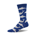 A single blue crew sock with a repeating pattern of light gray dolphins. Made from bamboo.