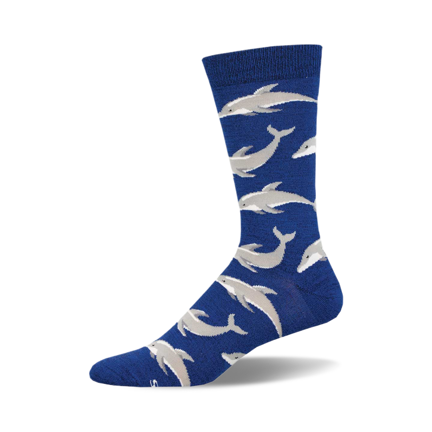 A single blue crew sock with a repeating pattern of light gray dolphins. Made from bamboo.