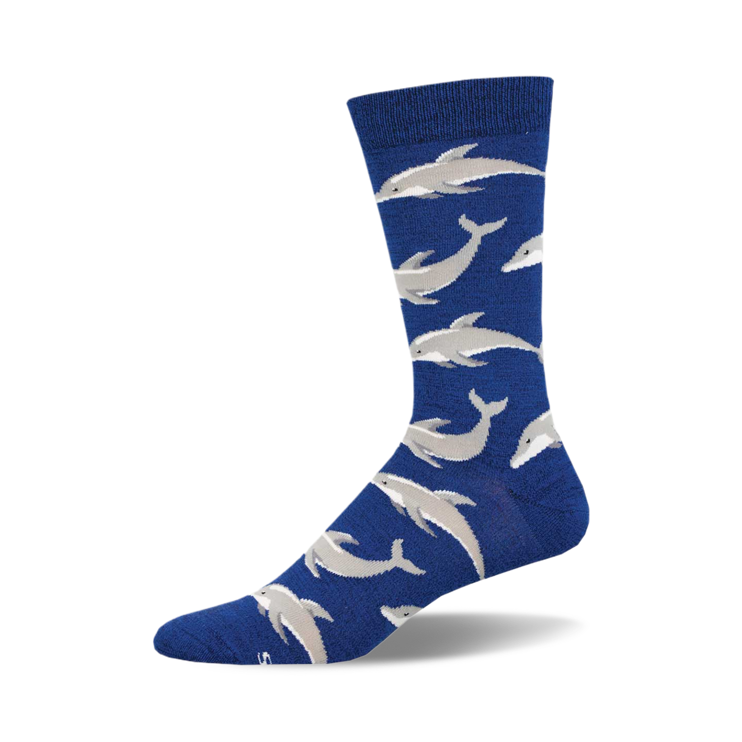 A single blue crew sock with a repeating pattern of light gray dolphins. Made from bamboo.
