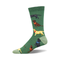 Crew socks showcasing black, yellow, and chocolate Labradors wearing bandanas on a green background.  Bamboo material.