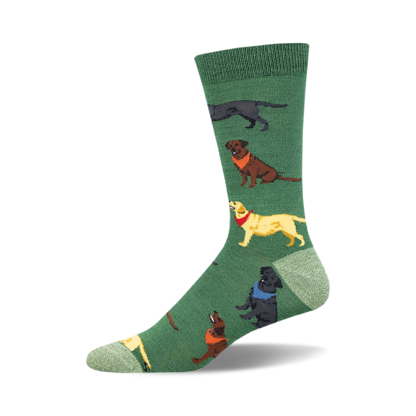 Crew socks showcasing black, yellow, and chocolate Labradors wearing bandanas on a green background.  Bamboo material.