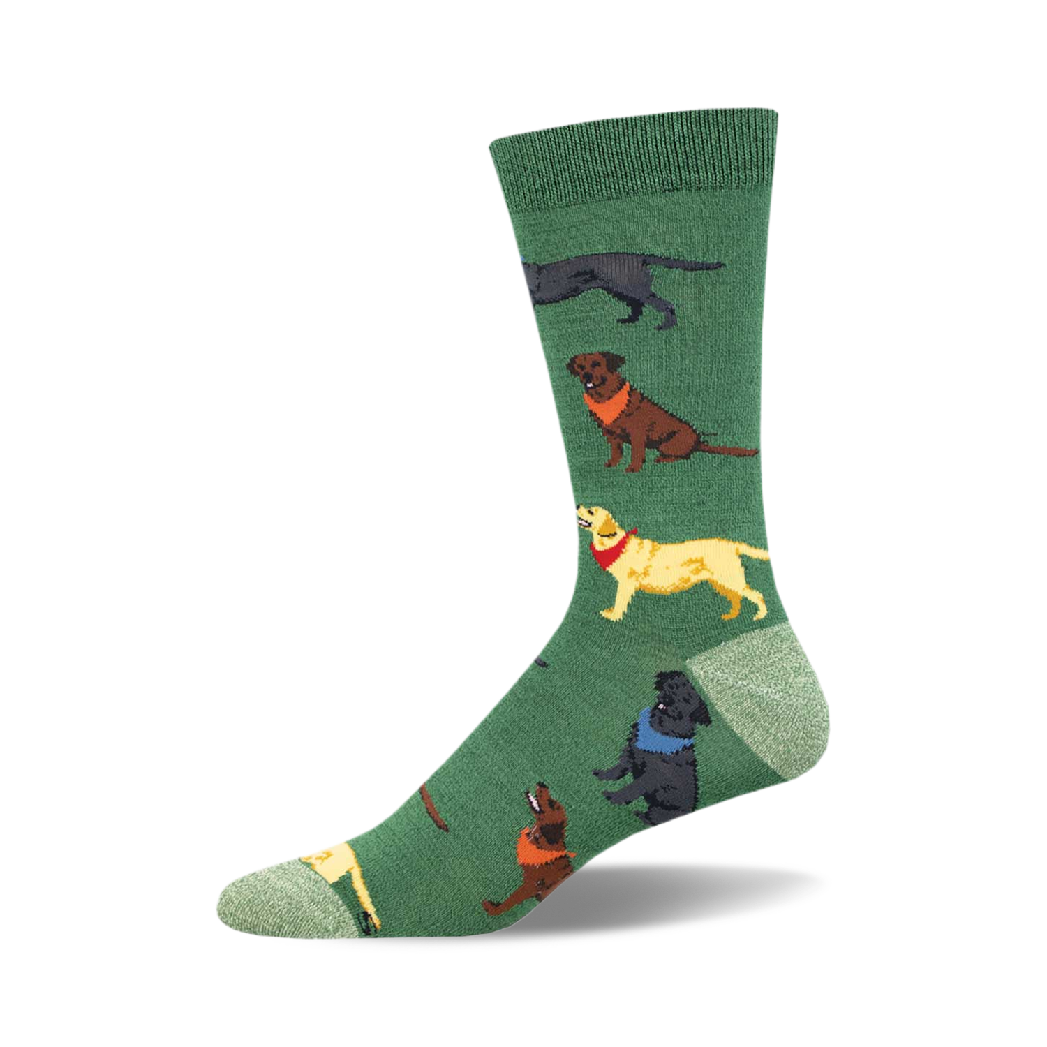 Crew socks showcasing black, yellow, and chocolate Labradors wearing bandanas on a green background.  Bamboo material.