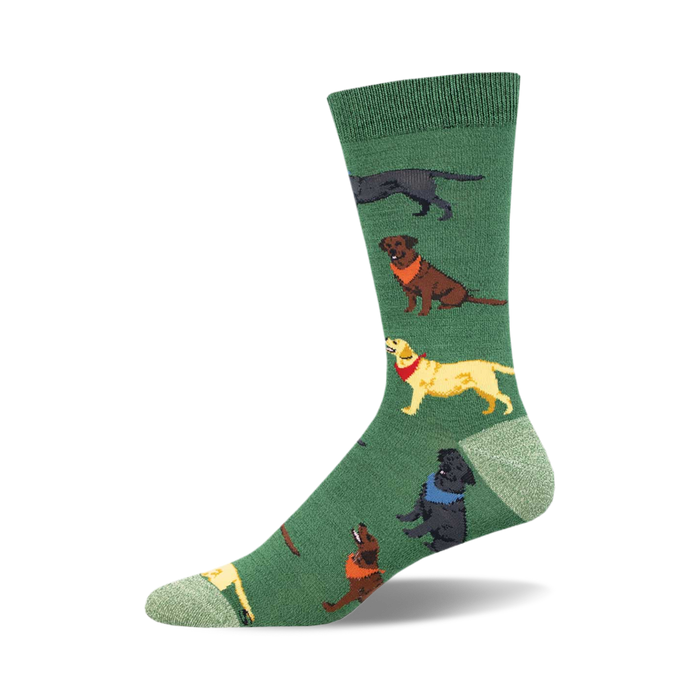socks that are dark green with a pattern of labradors wearing different colored bandanas. the labradors are in various poses such as sitting, standing, and running. }}