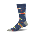 Single crew sock with a dark blue background featuring a pattern of green and orange rainbow trout and fishing flies.