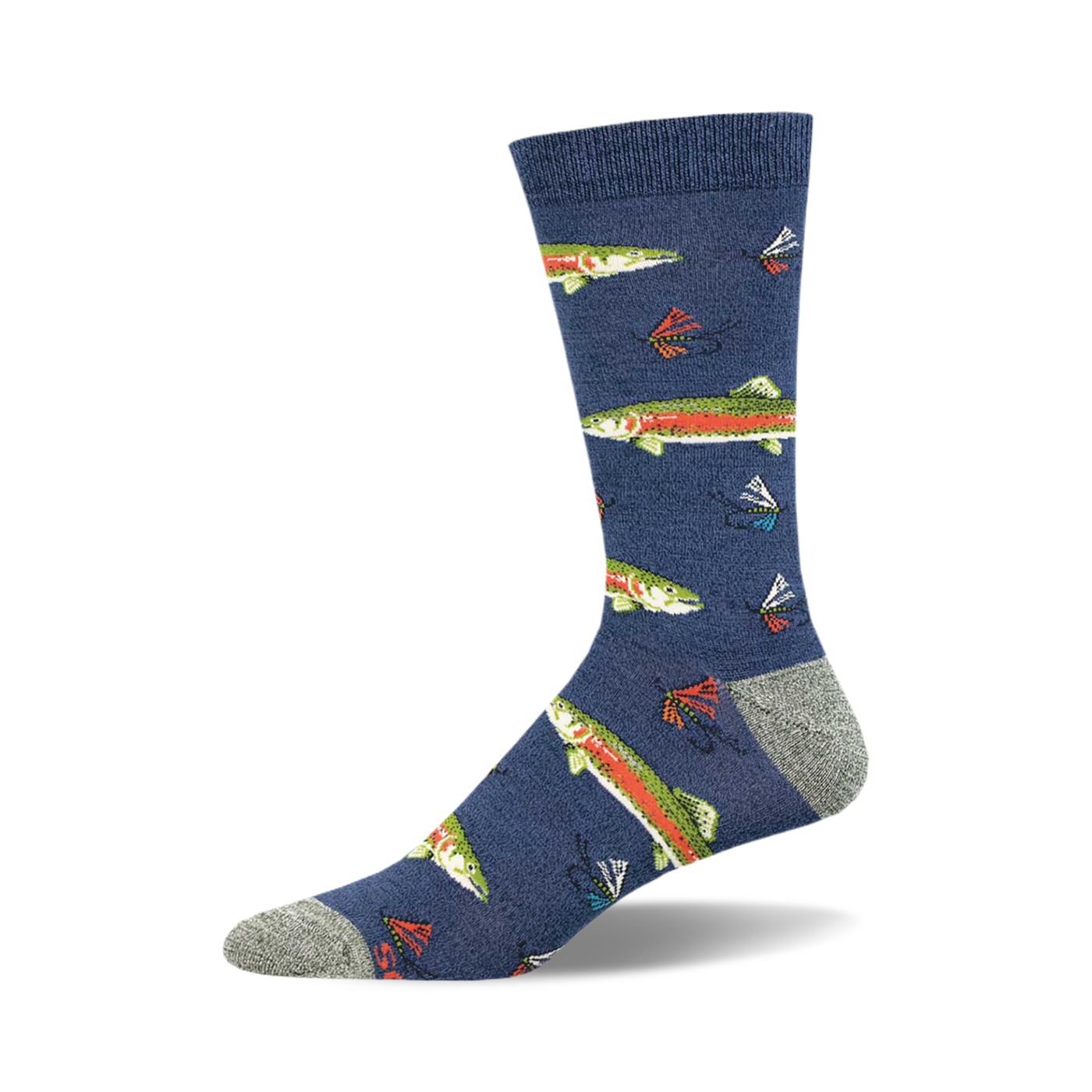 Single crew sock with a dark blue background featuring a pattern of green and orange rainbow trout and fishing flies.