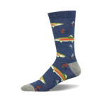 Single crew sock with a dark blue background featuring a pattern of green and orange rainbow trout and fishing flies.