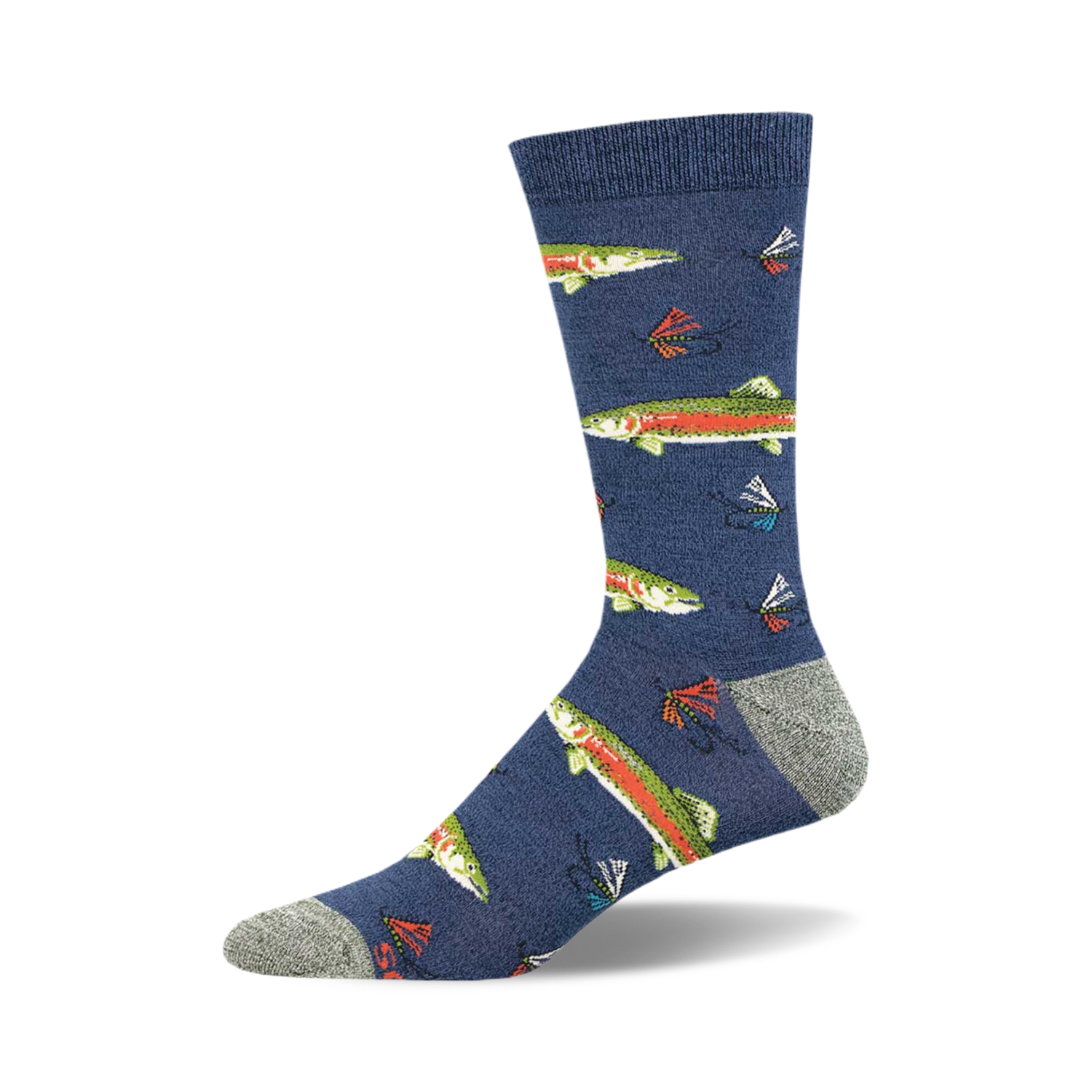 Single crew sock with a dark blue background featuring a pattern of green and orange rainbow trout and fishing flies.