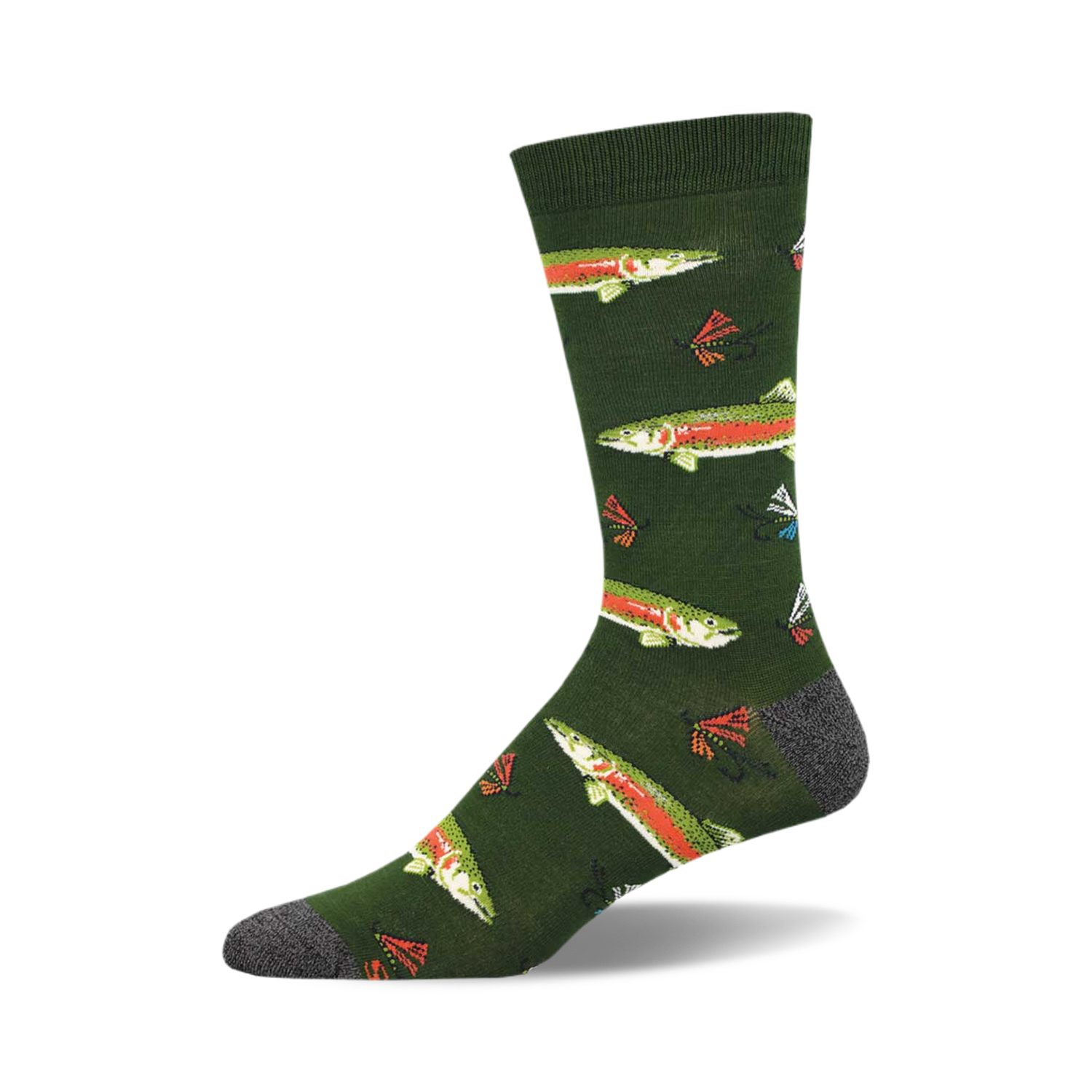 Single crew sock with a dark green background featuring a pattern of green and orange rainbow trout and fishing flies.