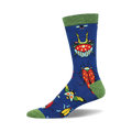 A single blue crew sock with a fun pattern of colorful beetles and bugs. Green cuff.  Made from bamboo.