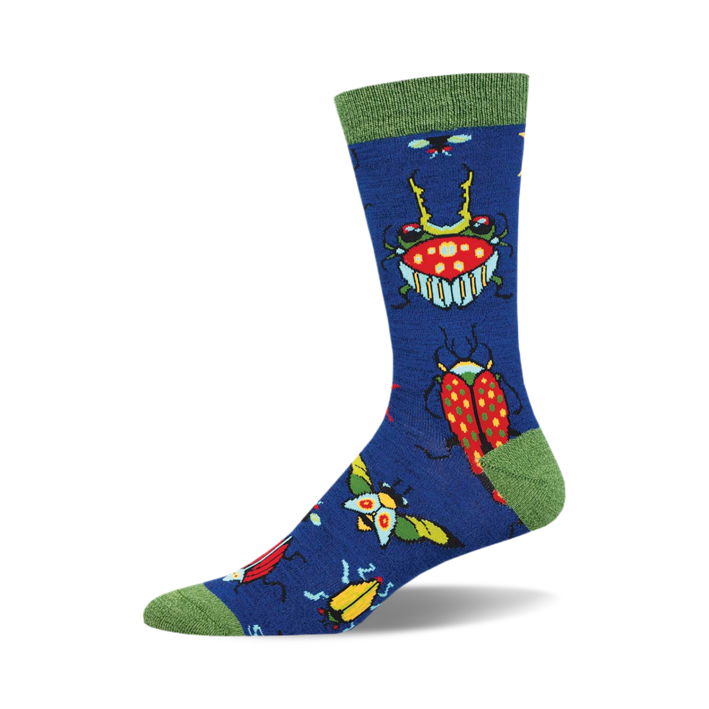 A single blue crew sock with a fun pattern of colorful beetles and bugs. Green cuff.  Made from bamboo.