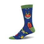 A single blue crew sock with a fun pattern of colorful beetles and bugs. Green cuff.  Made from bamboo.