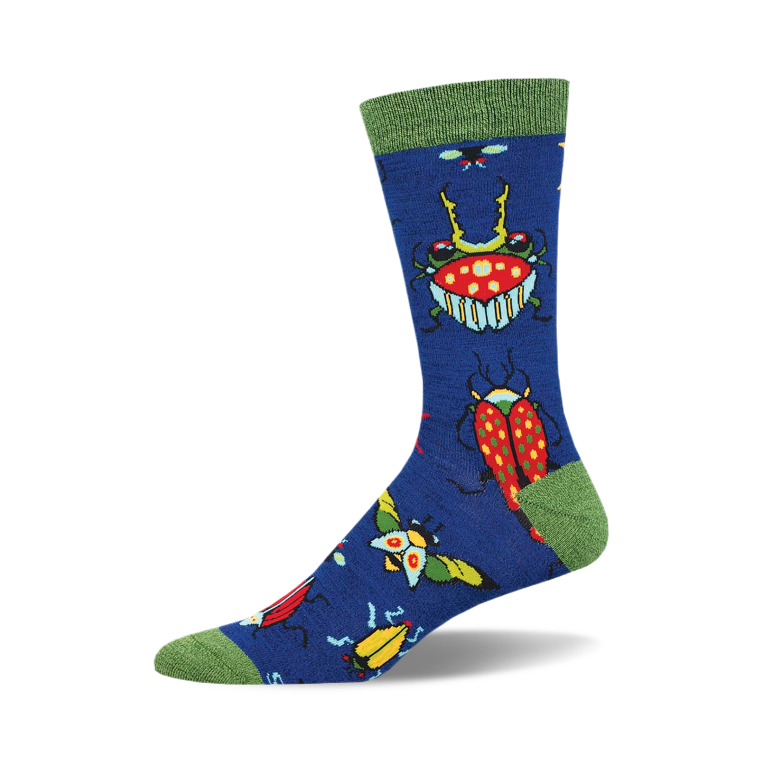 A single blue crew sock with a fun pattern of colorful beetles and bugs. Green cuff.  Made from bamboo.