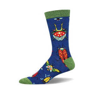 A single blue crew sock with a fun pattern of colorful beetles and bugs. Green cuff.  Made from bamboo.