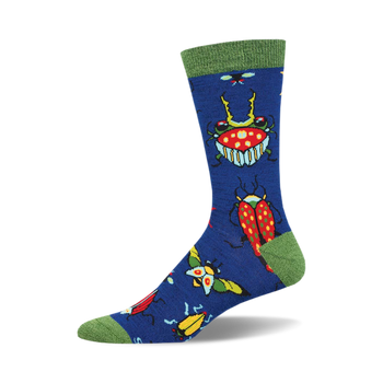the brilliant bugs bamboo socks are blue with a pattern of different colored bugs, including beetles, ladybugs, and butterflies. the bugs are all over the socks.