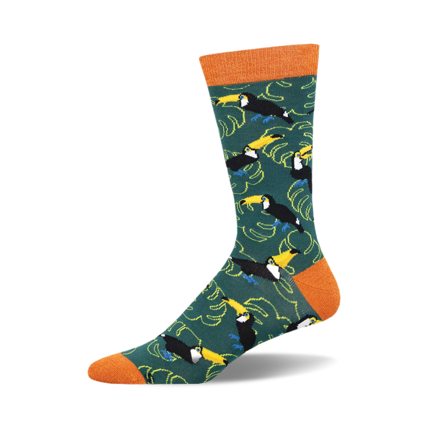 Crew socks in teal green, featuring a pattern of colorful toucans and banana leaves.  Orange cuffs add a vibrant touch.