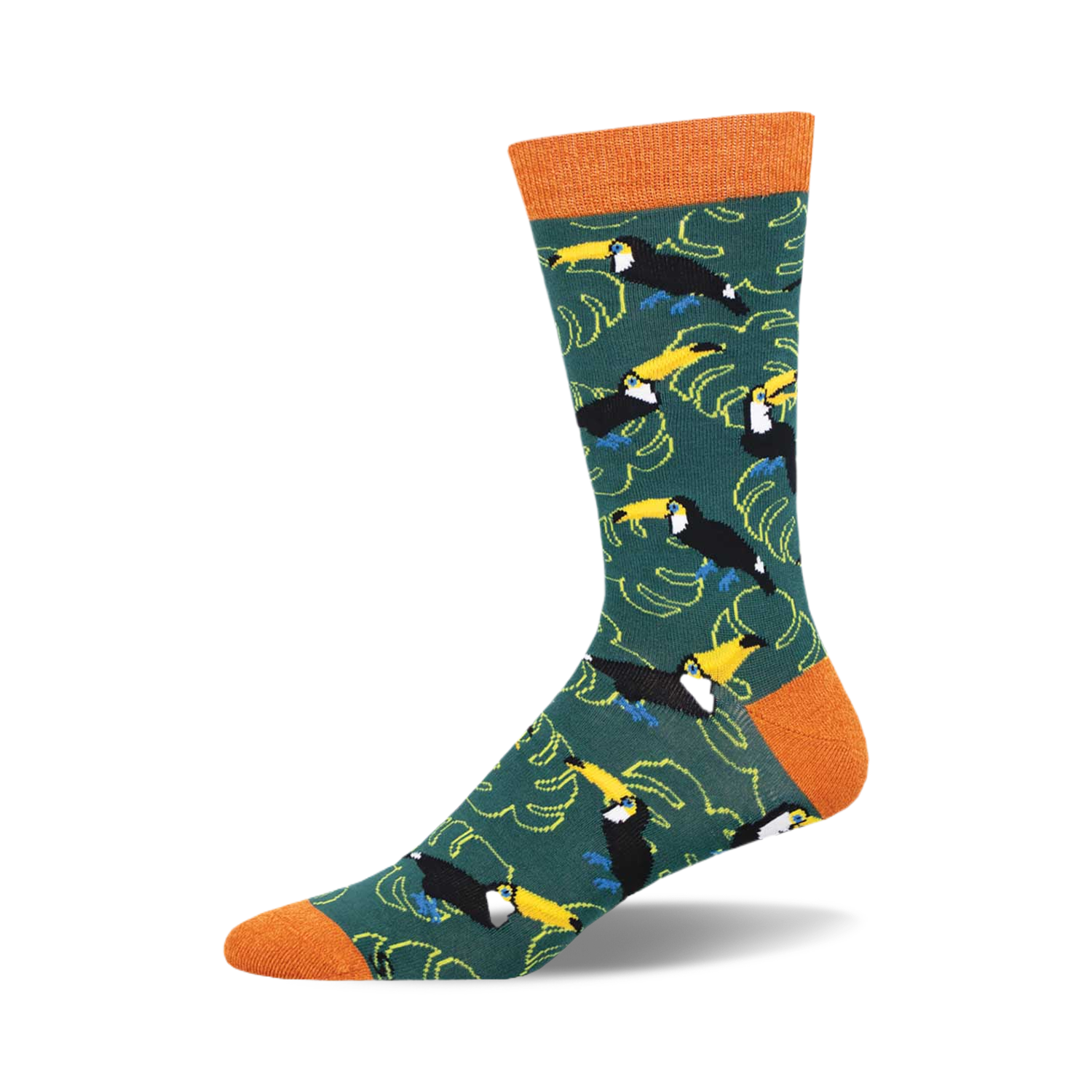Crew socks in teal green, featuring a pattern of colorful toucans and banana leaves.  Orange cuffs add a vibrant touch.