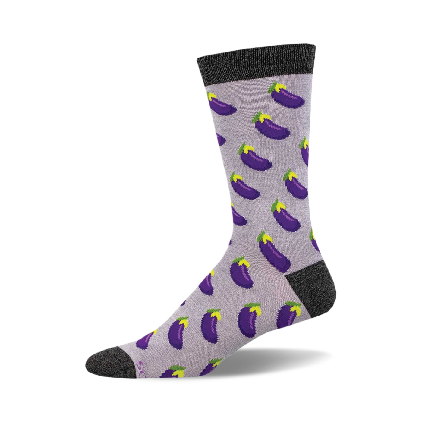 Lavender crew socks with a repeating pattern of purple eggplants.  Dark grey cuff and toe.  Bamboo material.