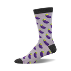 Lavender crew socks with a repeating pattern of purple eggplants.  Dark grey cuff and toe.  Bamboo material.