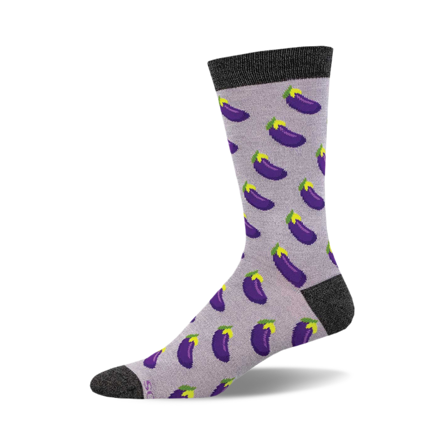 Lavender crew socks with a repeating pattern of purple eggplants.  Dark grey cuff and toe.  Bamboo material.
