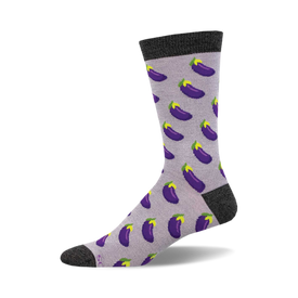 socks that are mid-calf length and have a gray background. there are purple eggplants all over the socks. the eggplants have yellow stems and green leaves.