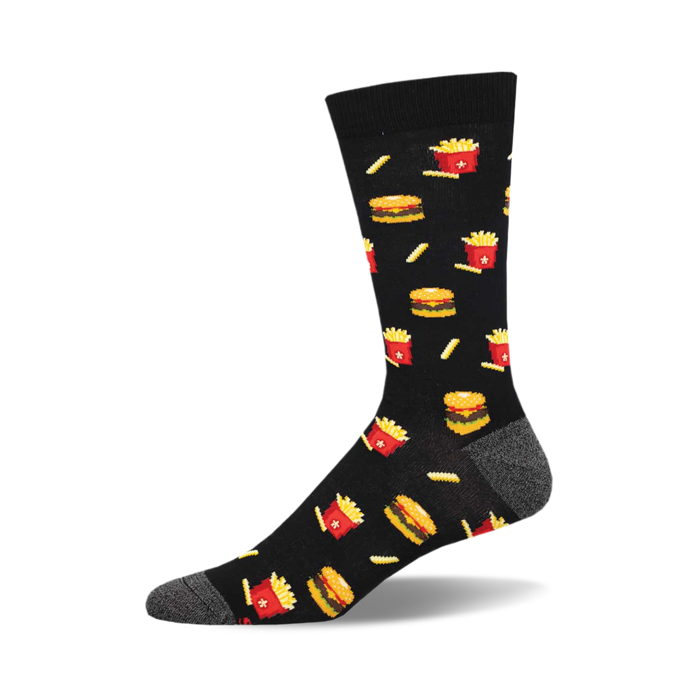 A single black crew sock with a fun pixelated design of burgers and french fries in red and yellow.  Gray reinforced heel and toe.