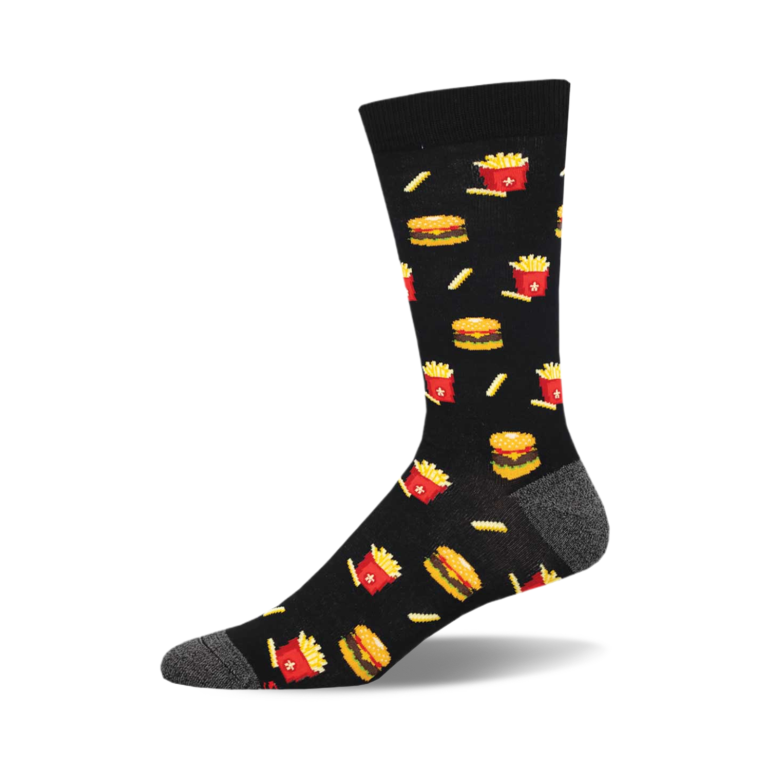 A single black crew sock with a fun pixelated design of burgers and french fries in red and yellow.  Gray reinforced heel and toe.