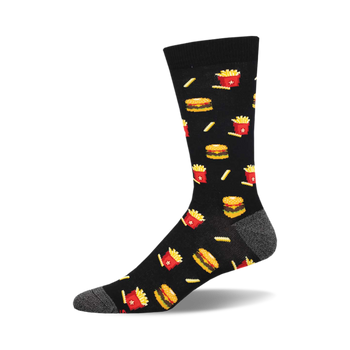 socks that are black with an all-over pattern of cheeseburgers and french fries.